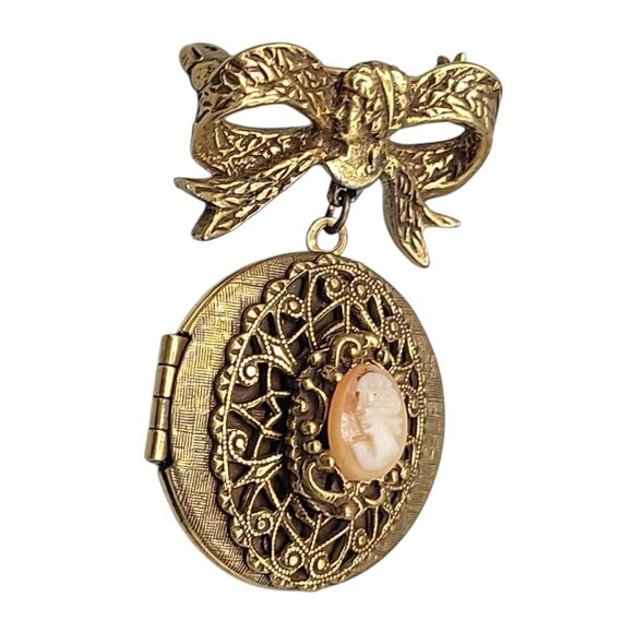 Hand-carved Dangling Cameo Locket Brooch Large Bow Gold Plated Vintage 18kgp - Picture 2 of 8